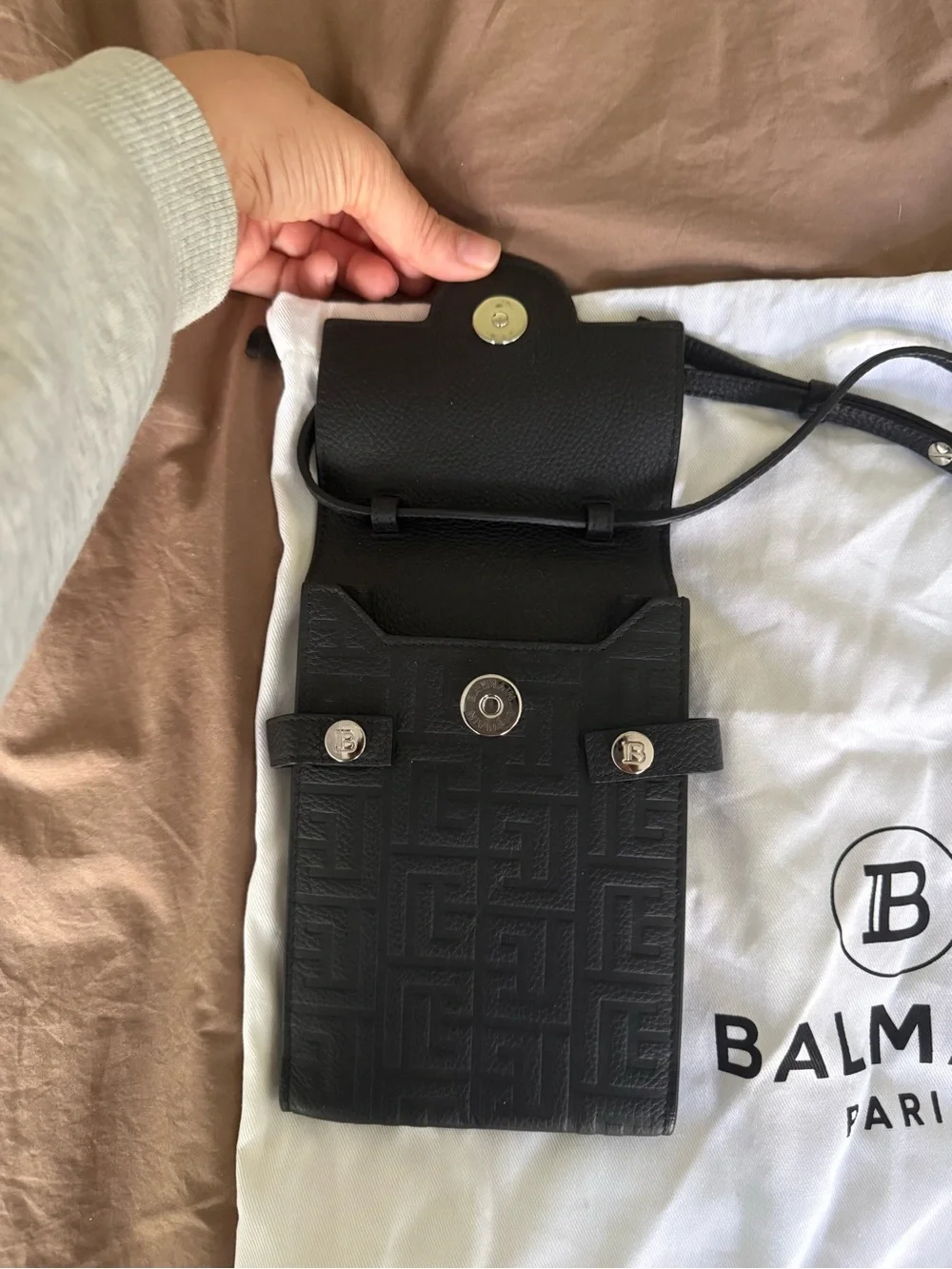 Balmain Black Embossed Leather Crossbody Phone Pouch with 'B' Logo
